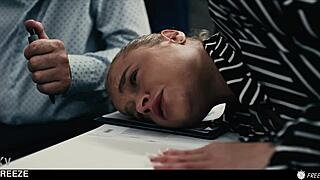 Blonde slut endures time-freeze boss interview fuck with bent-over pounding and creampie finish