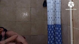 blonde latina babe flashes big tits then takes cock deep in shower workout