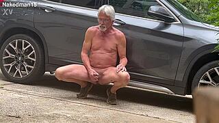 nakedman15 strokes cock publicly jerking off to explosive orgasm in outdoor exhibitionist frenzy