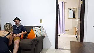 shower cuckold catches wife bent over couch taking brother's black cock doggystyle