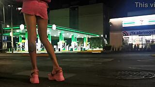 Crossdressing Transsexual Shows Panties Under Skirt in Exhibit