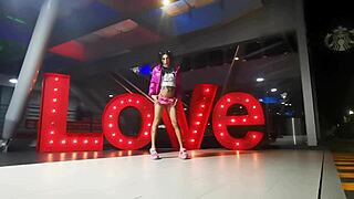 Crossdressing Transsexual Shows Panties Under Skirt in Exhibit