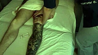 dirty talk masseuse teases client with big cock massage ending in cumshot