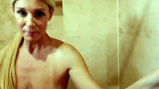 Horny milf mother-in-law blows stepson's cock in steamy shower.