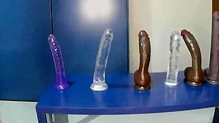 Skinny teen Lola Spice stretches tight pussy with huge dildos to massive orgasm
