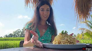she struts through the cafe cum on her face munching pasta carbonara