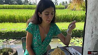 she struts through the cafe cum on her face munching pasta carbonara