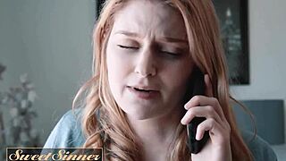 Ginger hottie spreads shaved pussy on prof's bed, rides big cock doggystyle then takes cum all over.