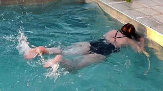 Beautiful Stepmom Flashes Huge Tits at Pool Craving Public Cock Penetration