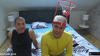 curvy college blonde and bisexual neighbor seduce massive cock stepson into wild threesome orgy