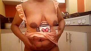 My big-ass busty stepmom sneaks to the kitchen for intense solo fingering and masturbation session