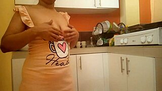 My big-ass busty stepmom sneaks to the kitchen for intense solo fingering and masturbation session