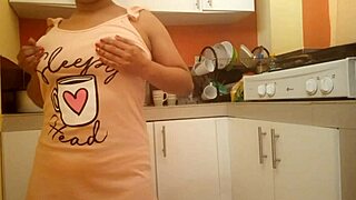 My big-ass busty stepmom sneaks to the kitchen for intense solo fingering and masturbation session