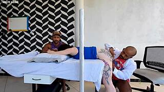 Doutor Bareback Fucks Sexy Patient's Asshole Beside Unaware Husband in Creampie Interracial Session