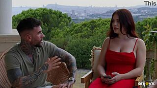 Curvy Redhead in Lingerie Sucks Big Cocks Before Bent-Over Fucks and Cowgirl Rides with Two Young Studs