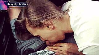 Naughty petite blonde Adeline slurps sloppy car blowjob swallowing creamy mouthful