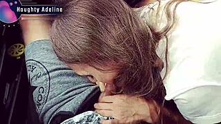 Naughty petite blonde Adeline slurps sloppy car blowjob swallowing creamy mouthful