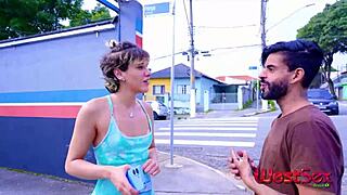 Big ass blonde fucks street guy on house stairs while cuckold works