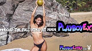 Flexible Latina Carolina Reyes strips nude posing pussy at beach!