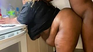 Milf's wet pussy drips as black monster cock invades kitchen for muff diving frenzy