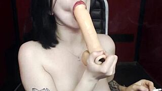 Gothic Teen 18+ Deepthroats Messily on Webcam in Lingerie with Lipstick Smear and Cigarette Fetish Dildo Play