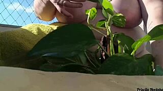 Naked Plant Watering on Balcony for All to See!