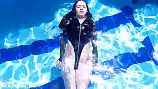 Skinny brunette latina jessica bunny in latex suit dives for underwater pussy ass play