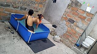 Athletic Indian and curvy Latina bask sensually poolside