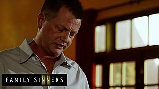 Stepdad catches skinny stepdaughter fingering trimmed pussy to his fuck tapes so he licks her out