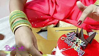 Muscular sasur ji bends hairy bahu over bed fucking tight pussy missionary on anniversary after cake