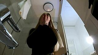 big tits blonde strips pantyhose miniskirt bathroom heels