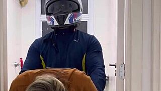 motoboy bursts into women's bathroom, fucks pissing woman hard on her wet pussy till she squirts on his cock