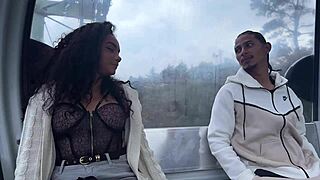 Colombian ebony babe sucks stranger's cock on cable car then fucks in woods