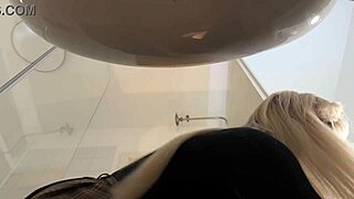 big tits blonde strips pantyhose miniskirt bathroom heels