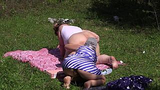 big ass lesbians test wild toy outdoors then sunbathe naked