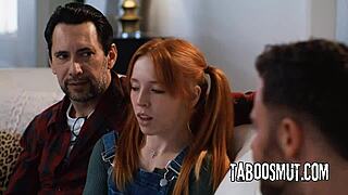 Pervy Stepdad Shares Skinny REDHEAD STEPDATUGHTER For ROUGH DOUBLE PENETRATION