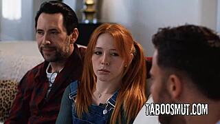 Pervy Stepdad Shares Skinny REDHEAD STEPDATUGHTER For ROUGH DOUBLE PENETRATION