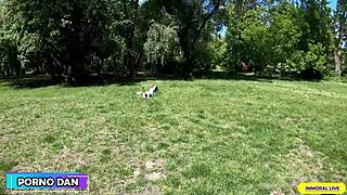 vicky love and jessie clark spot each other in park then join wild foursome orgy