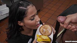brunette latina big ass deepthroats cumshot pov at work