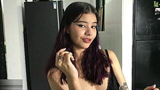 skinny latina hermanastra bends over sucking cock standing then takes creampie doggystyle