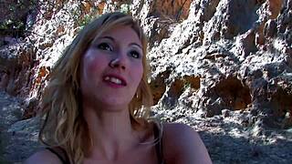 Blonde mommy's shaved pussy gapes from monster cock pounding in forest