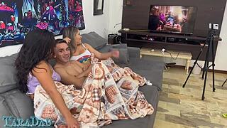 Skinny housewife invites friend for film that turns into hot group play