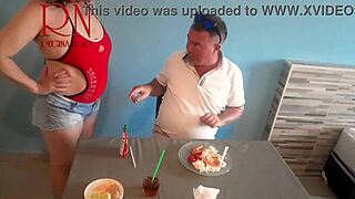 Naked waitress serves pussy meal from navel to horny restaurant guest