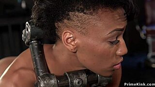 Slim Ebony Slave Choked Gagged Deepthroated in BDSM Device Bondage Fuck