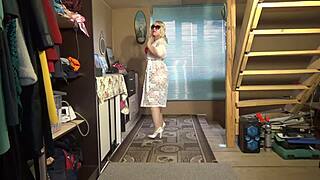 Wow, check out this juicy milf stripping from lingerie and stockings!