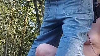 look at this slave flashing her tits in the forest before getting fucked doggystyle and cum in mouth