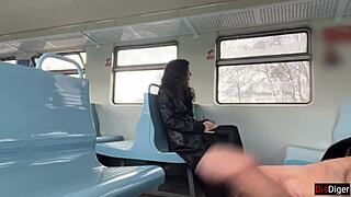 flashing my huge cock on train shocks cute brunette stranger into pov blowjob cumshot facial