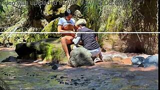 Brunette teen prostitute licks cock bent over before homemade doggystyle by river