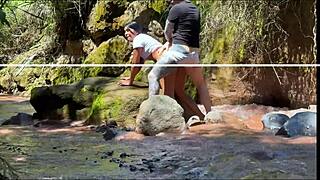 Brunette teen prostitute licks cock bent over before homemade doggystyle by river