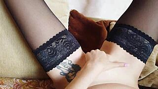 sexy russian milf in stockings masturbates pussy close up to real orgasm